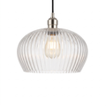 Sereno bright nickel ribbed glass pendant light on a white background