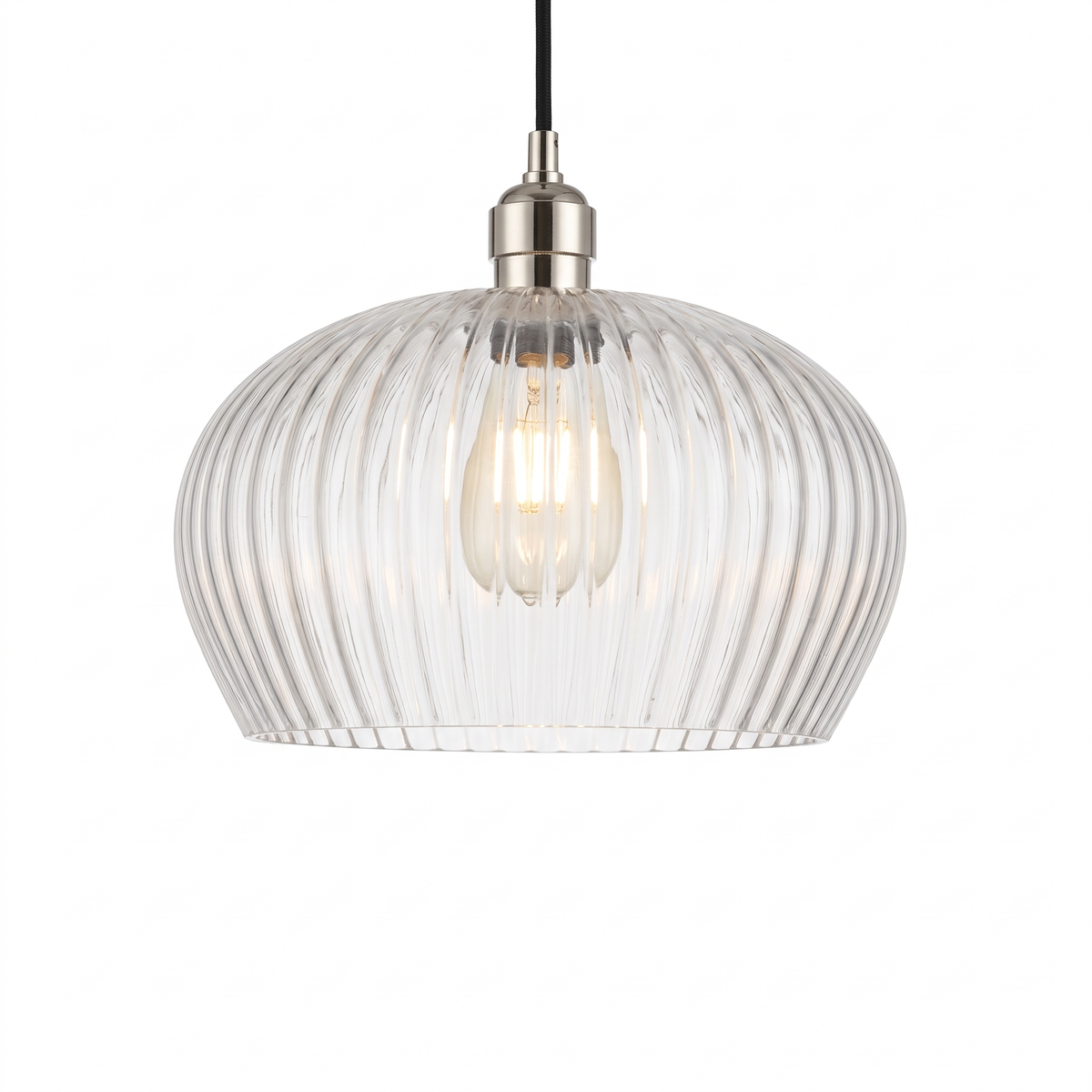 Sereno bright nickel ribbed glass pendant light on a white background