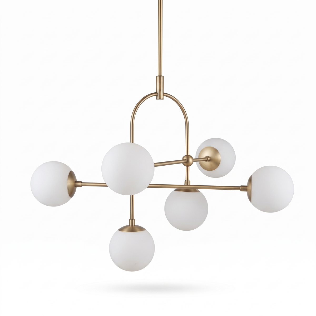 Aurelle antique brass six light chandelier with opal glass globes on a white background