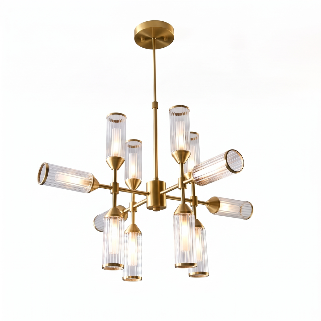 Regmont satin brass twelve light chandelier on a white background