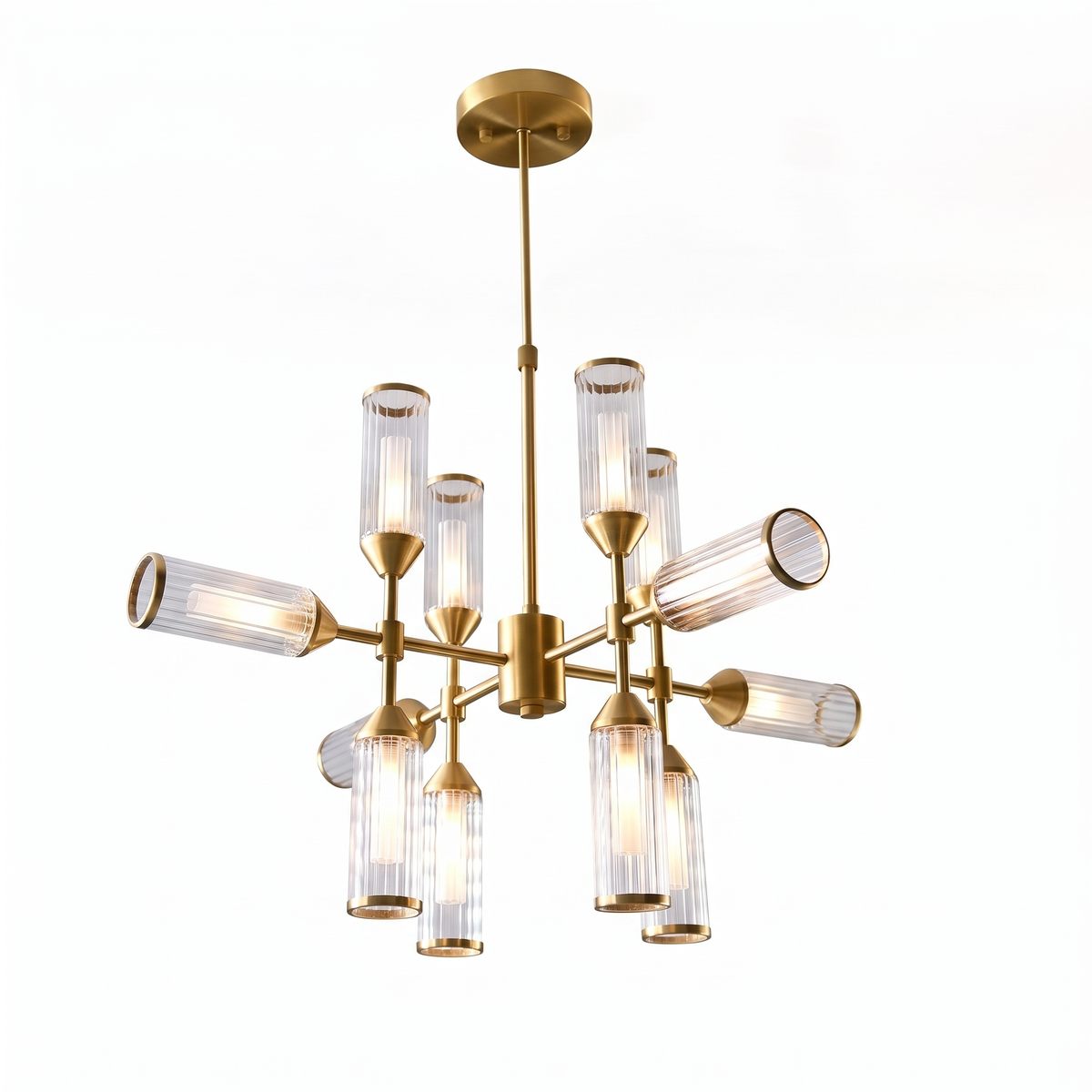 Regmont satin brass twelve light chandelier on a white background
