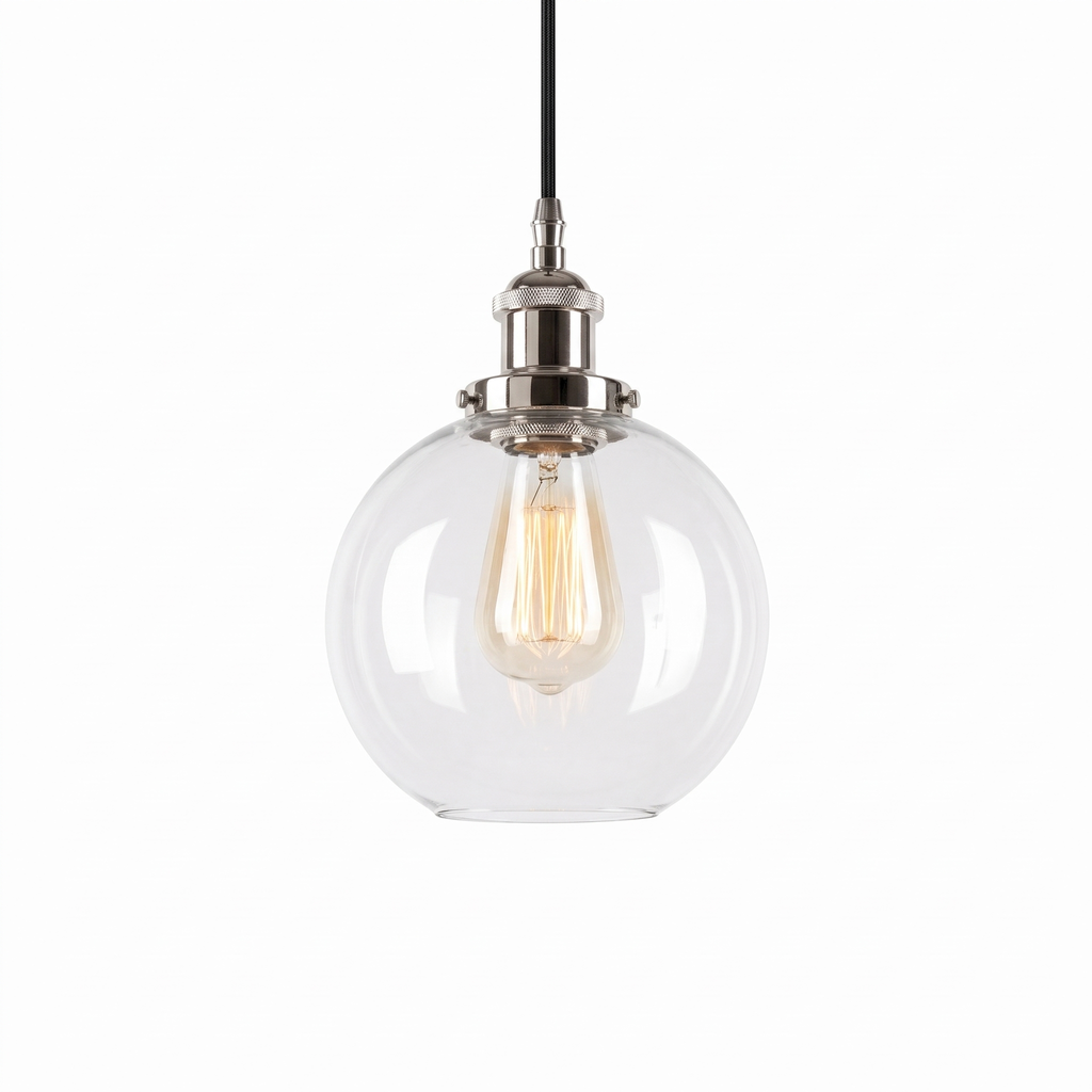 Lumira bright nickel clear glass pendant light on a white background