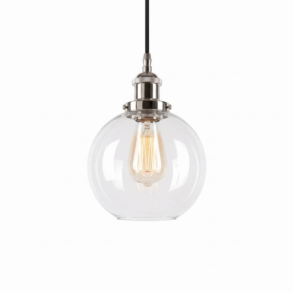 Lumira bright nickel clear glass pendant light on a white background