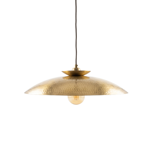 Halvern hammered brass disc pendant light on a white background