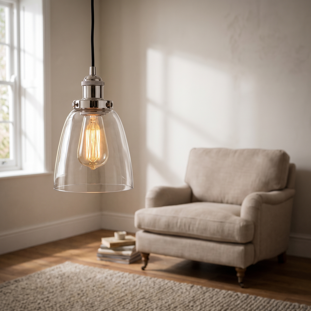 Calvara pendant light hanging beside an armchair in a living room snug