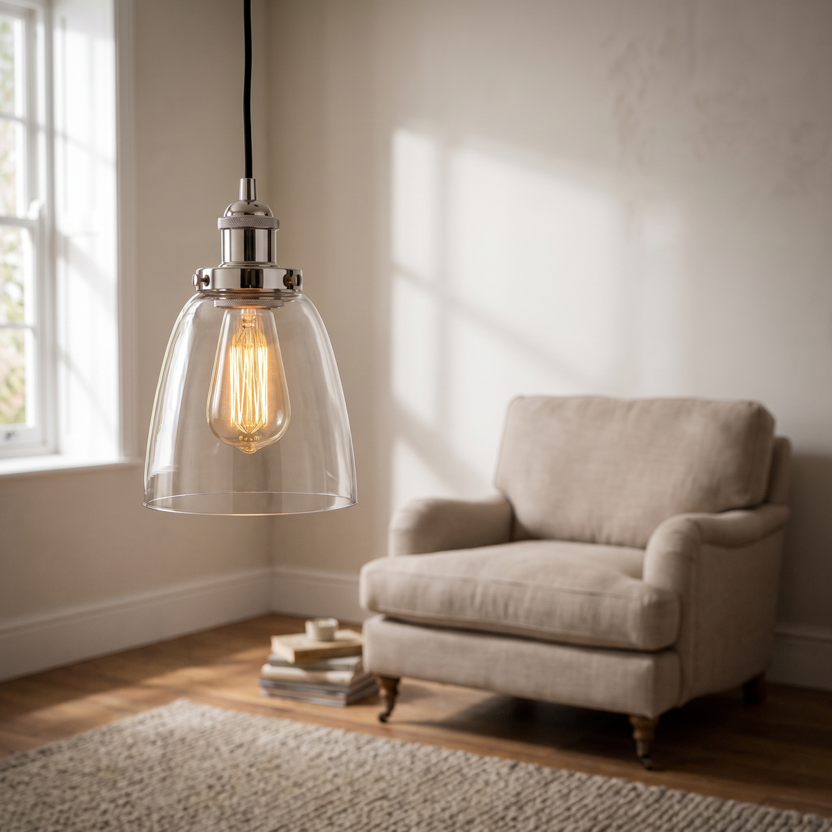 Calvara pendant light hanging beside an armchair in a living room snug