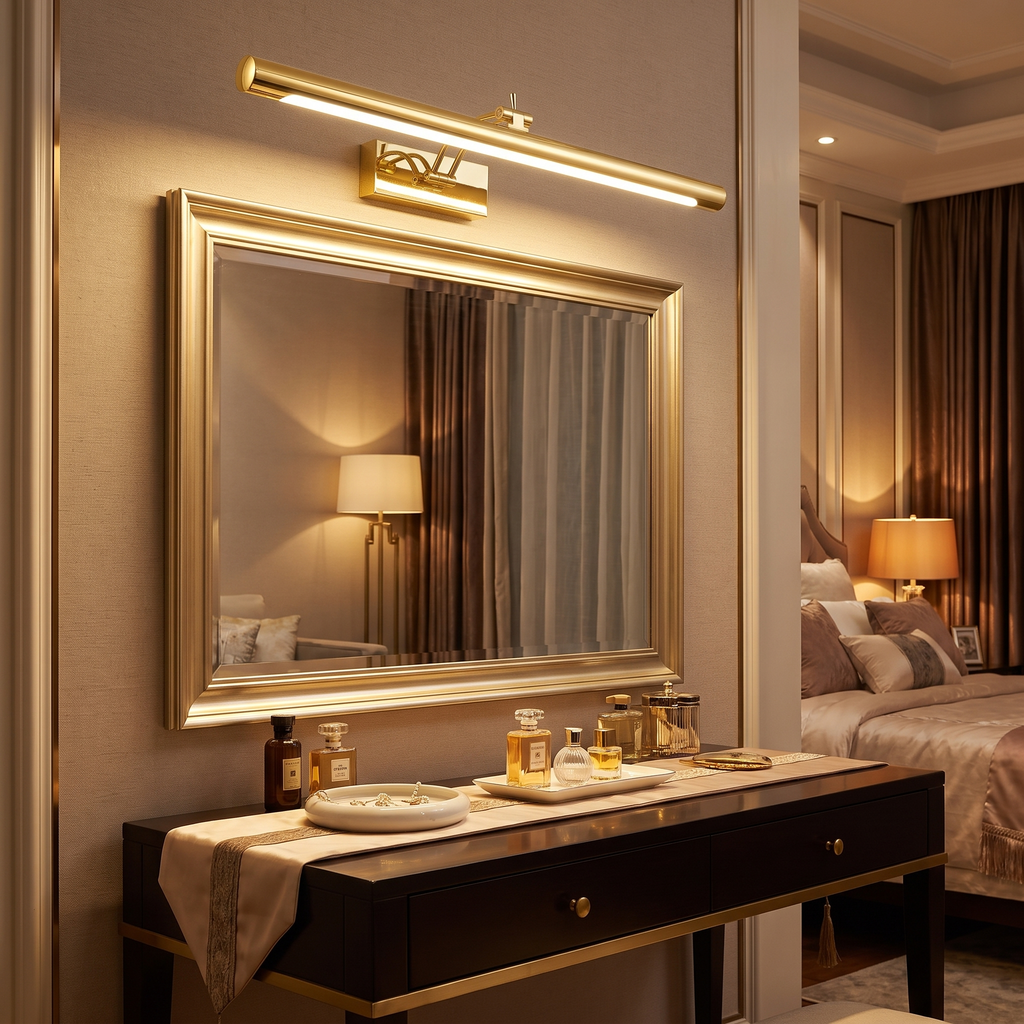 Ardeen brass vanity light above a dressing table mirror
