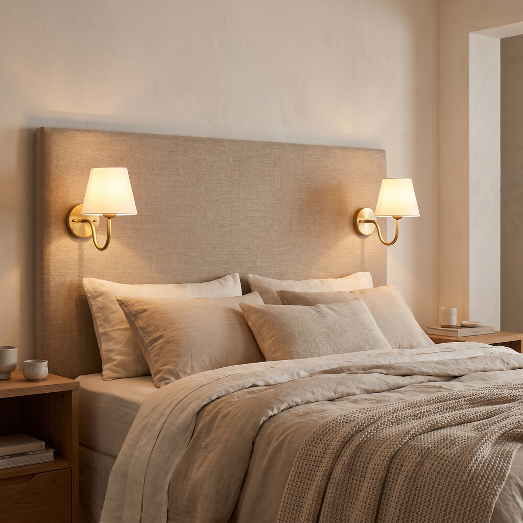 Pair of Halcombe wall lights either side of a bed headboard