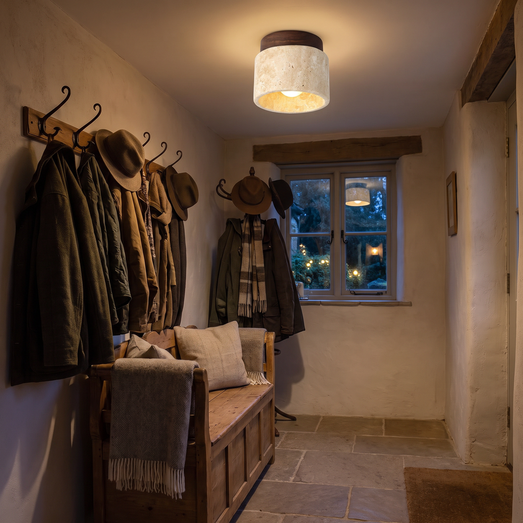Tivoli flush ceiling light lit in an entrance porch