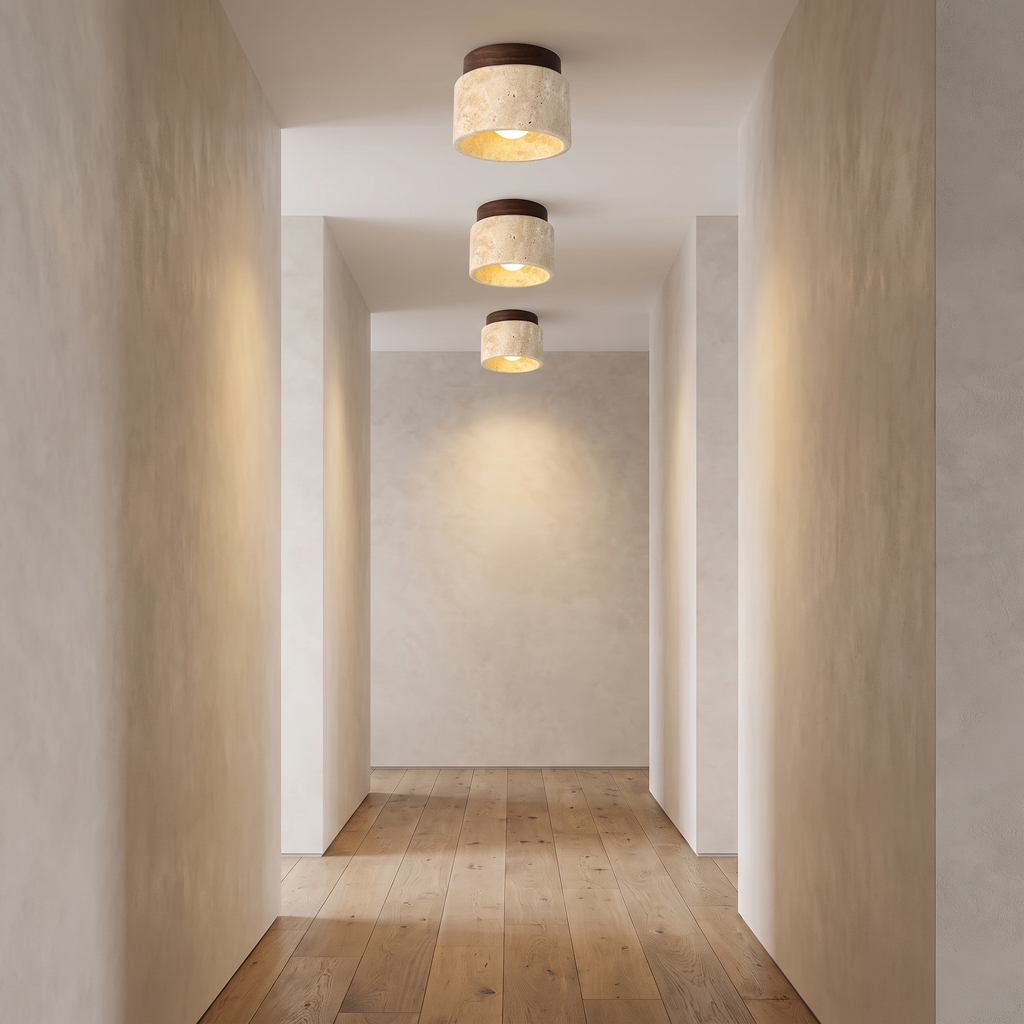 Three Tivoli flush ceiling lights along a hallway