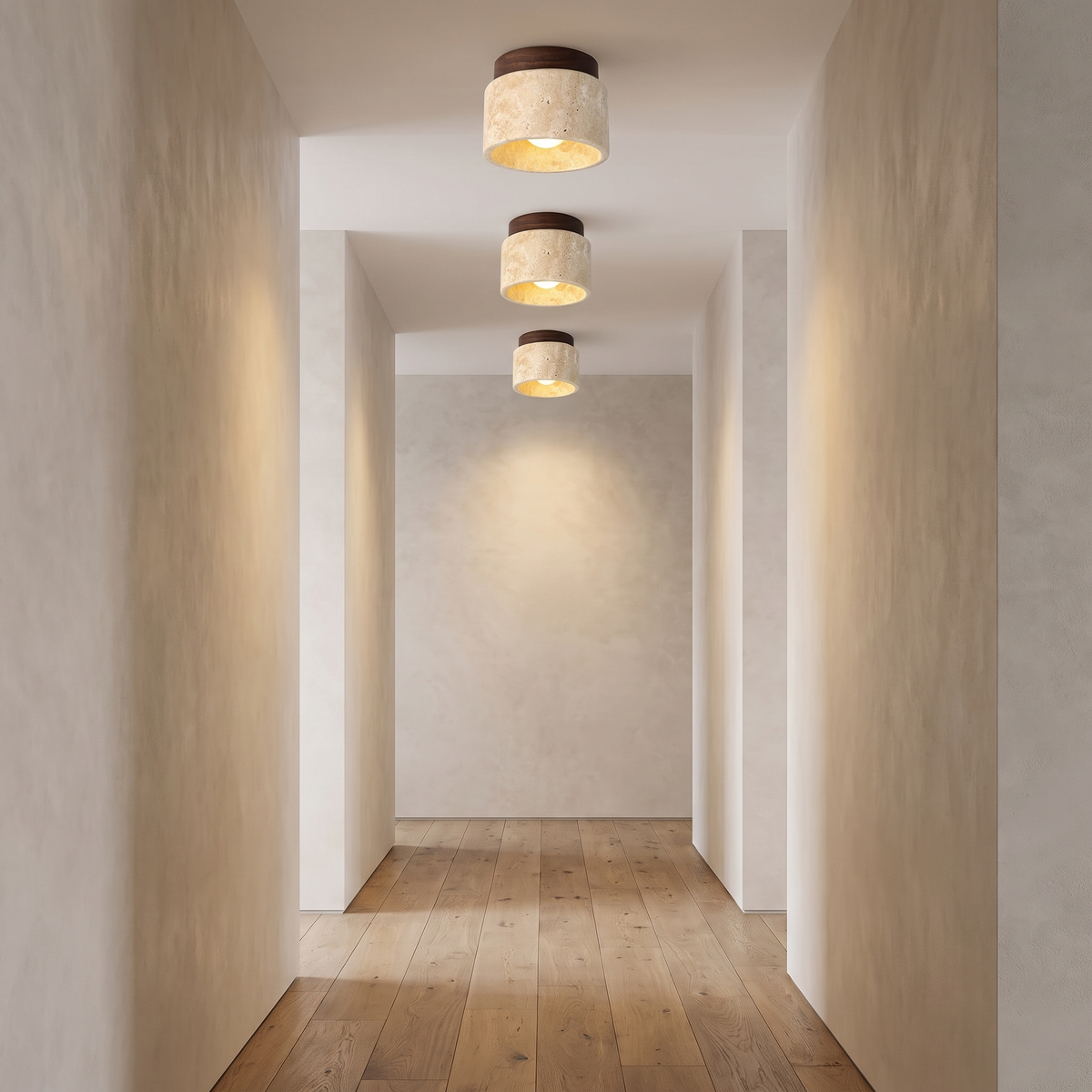 Three Tivoli flush ceiling lights along a hallway