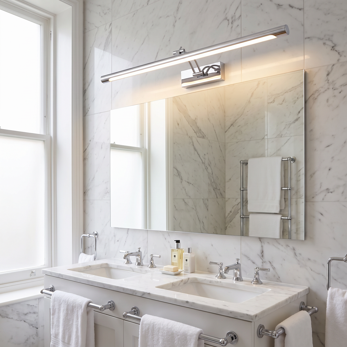 Kensal chrome vanity light above a wide mirror and double basin
