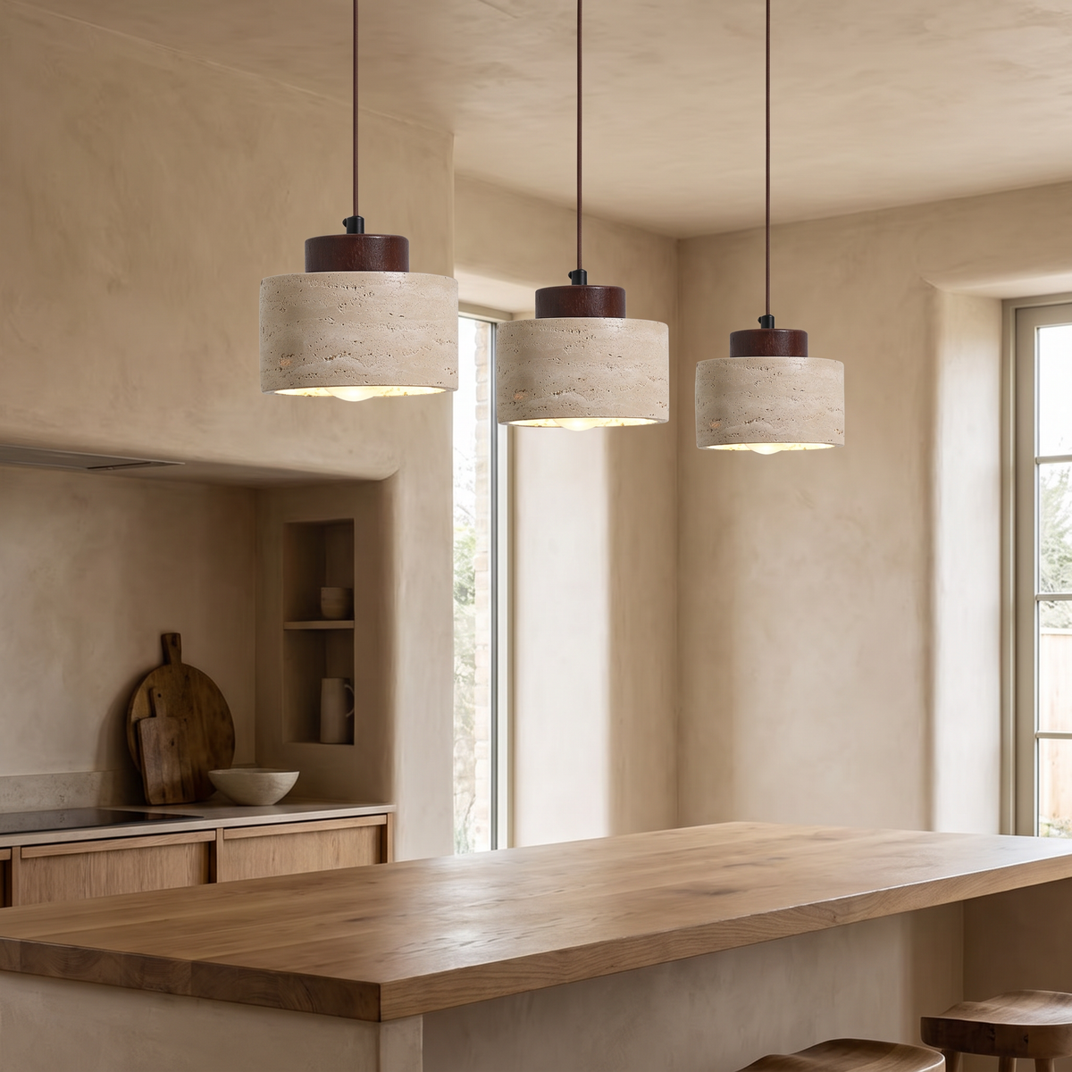 Three Tivoli travertine pendant lights over an oak kitchen island