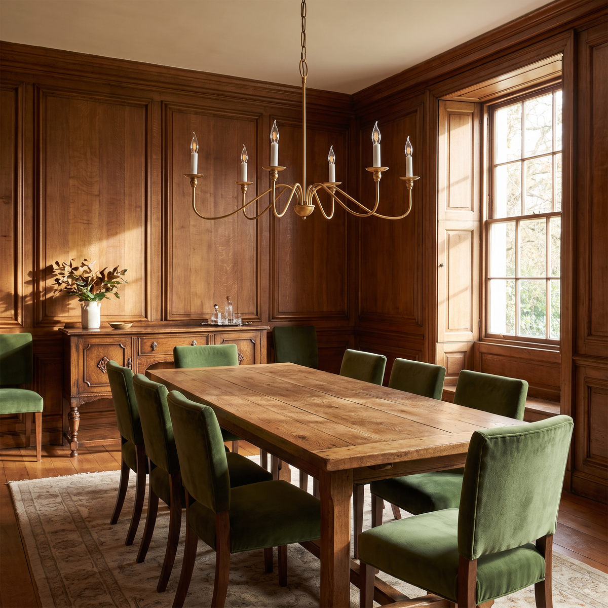 Ashworth chandelier above an oak dining table in a panelled dining room