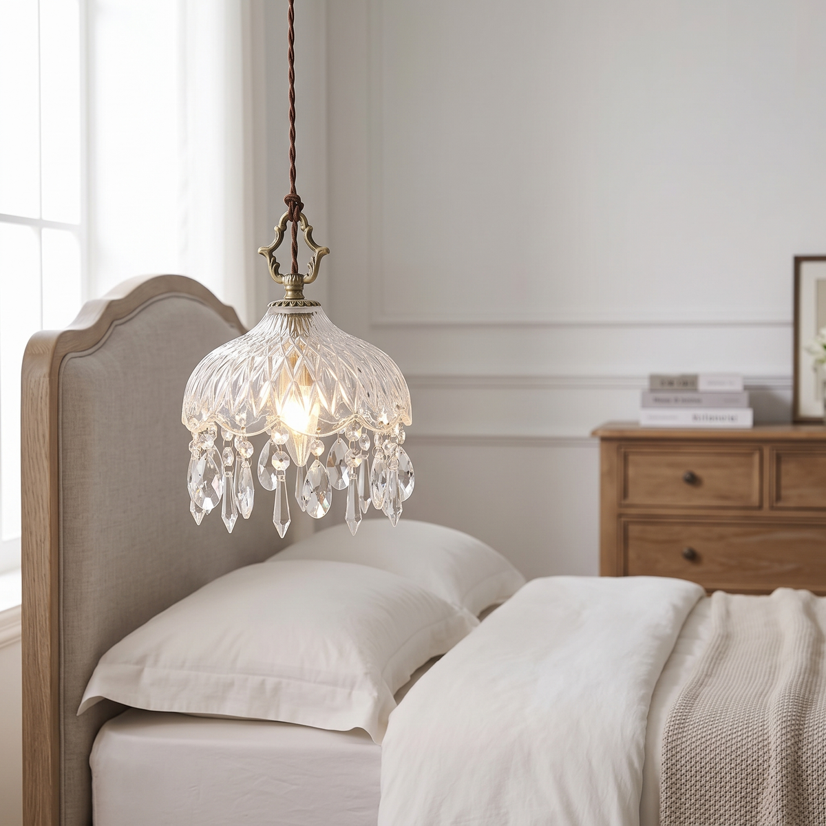 Valmont pendant beside an upholstered bed