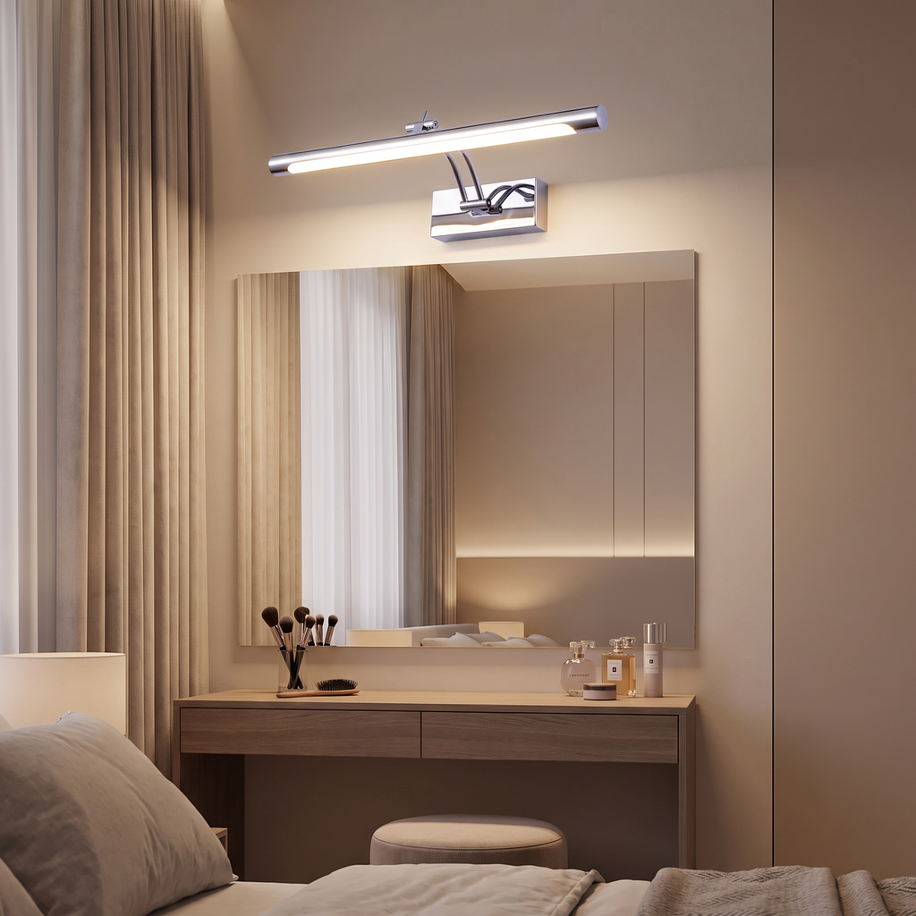 Kensal vanity light lit above a dressing table mirror in the evening