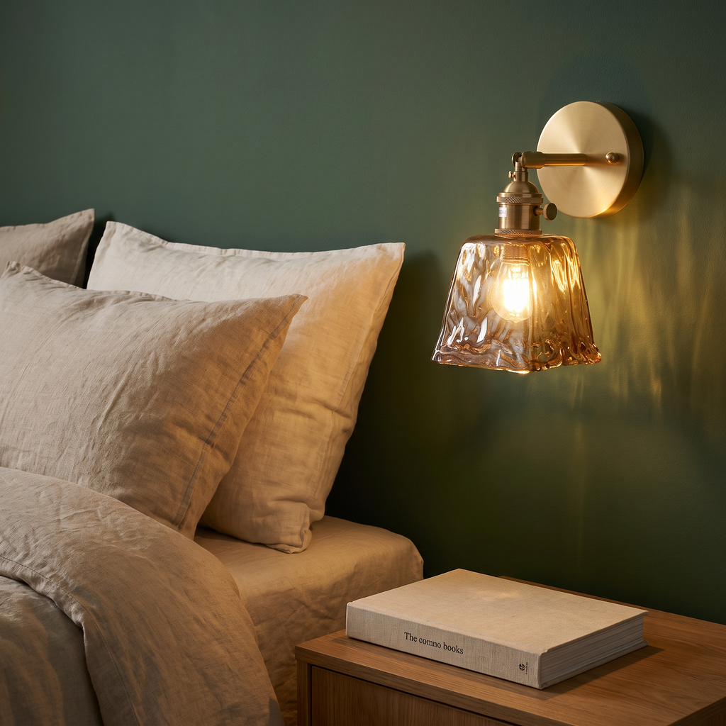 Amberley wall light glowing beside a bed