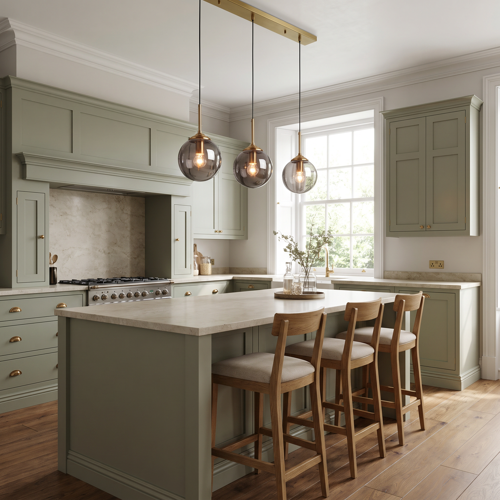 Orla pendant over a kitchen island with bar stools