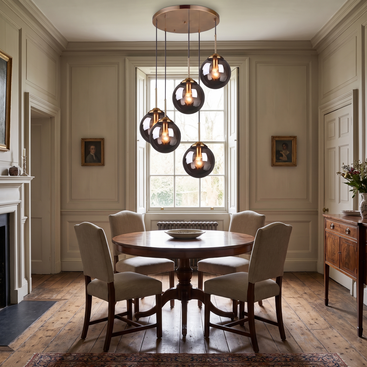 Hartley chandelier above a round dining table