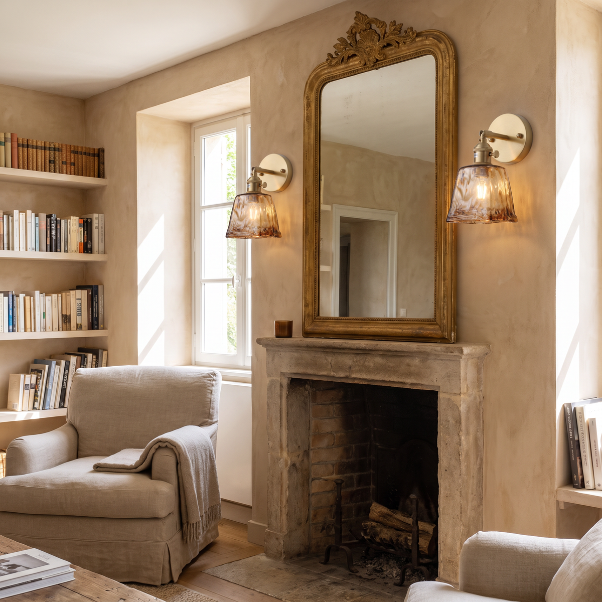 Two Amberley wall lights either side of a fireplace mirror