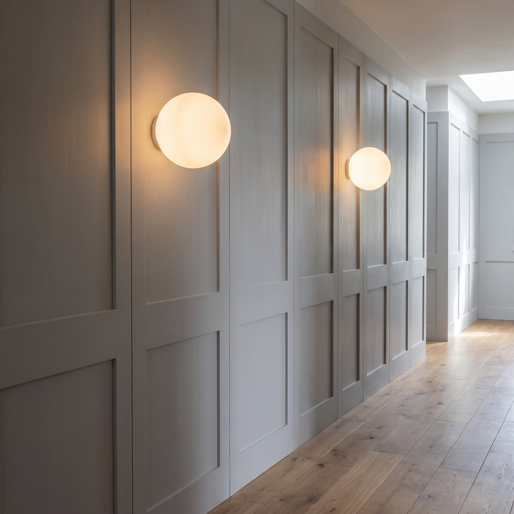 Selwyn opal globe wall light in a hallway