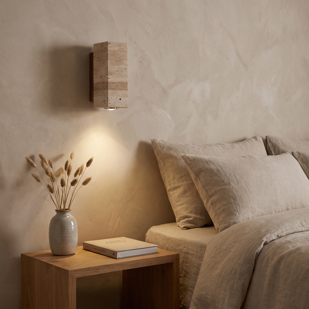 Tivoli travertine wall light beside a bed