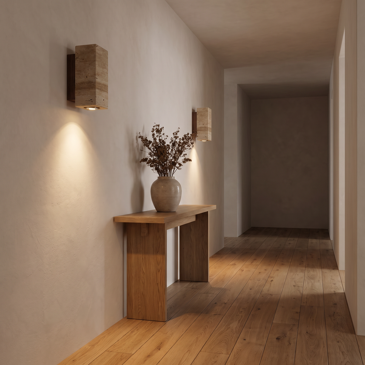 Tivoli travertine wall lights along a hallway