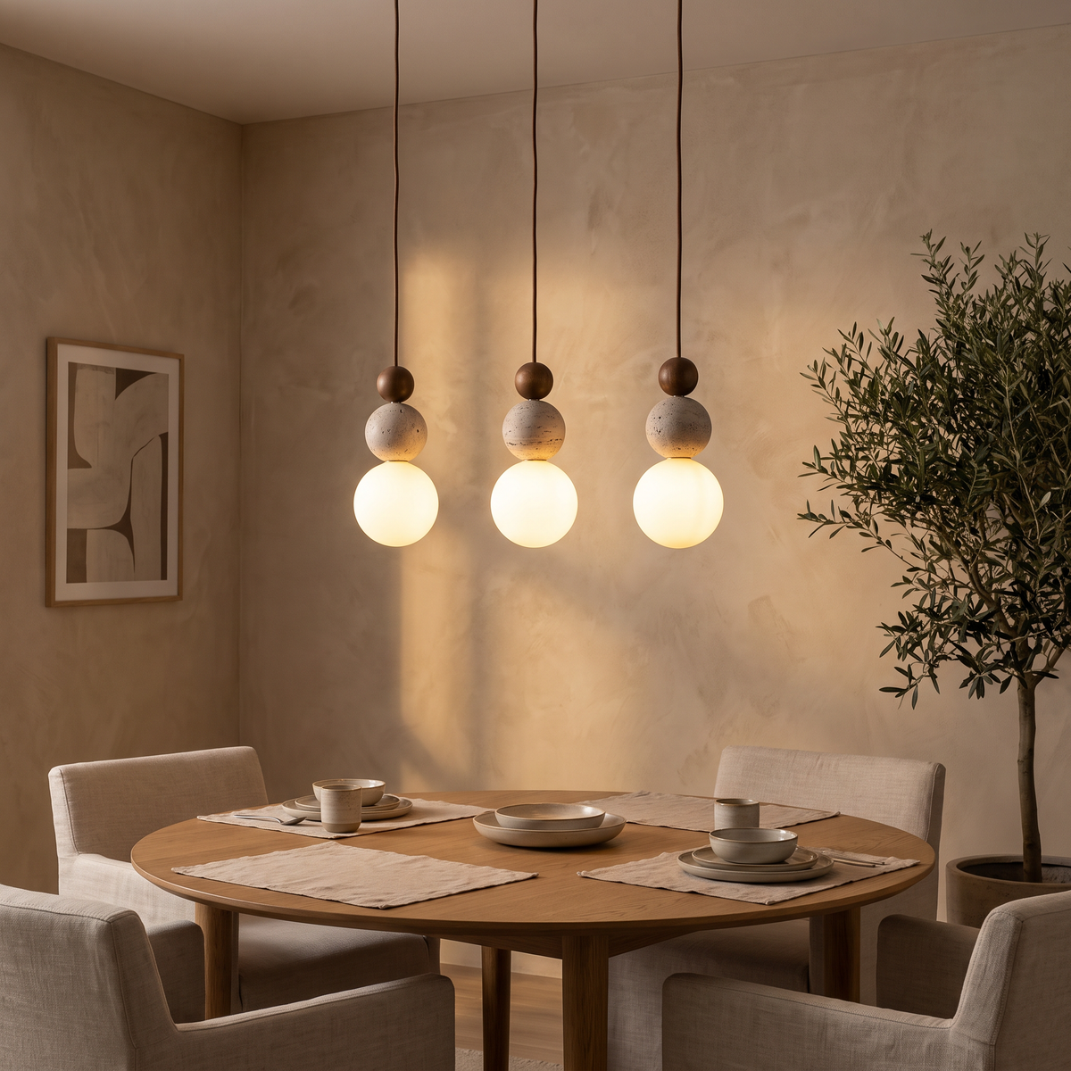 Three Bexley pendants over a dining table