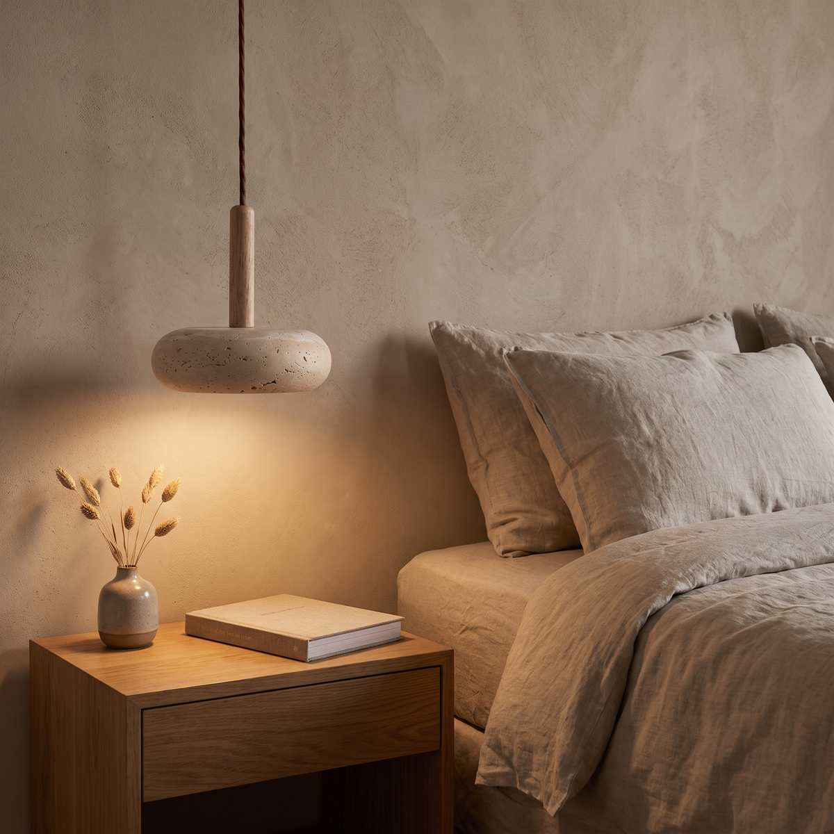 Siena travertine pendant beside a bed