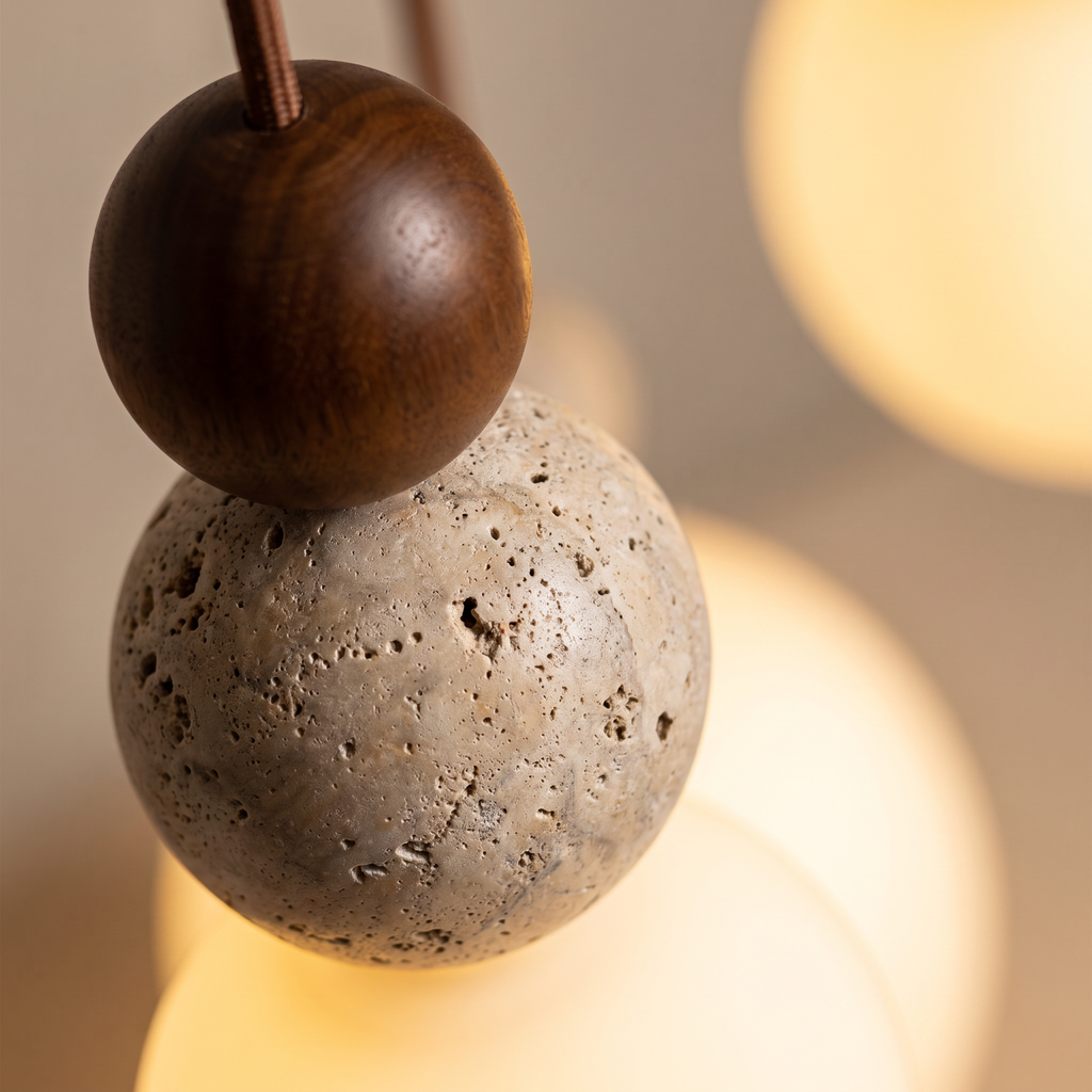 Bexley walnut and travertine beads close up