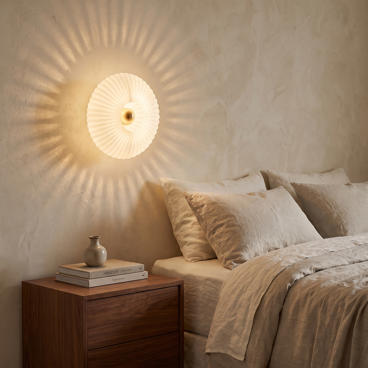 Ondine wall light glowing beside a linen bed