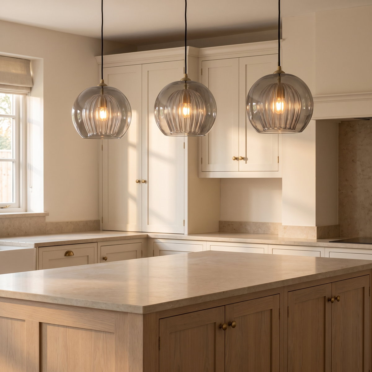 Three Corran pendants over a pale oak kitchen island