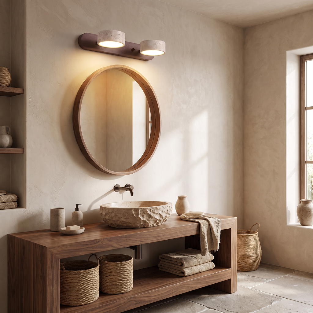 Tivoli duo wall light above a round walnut mirror in a stone bathroom