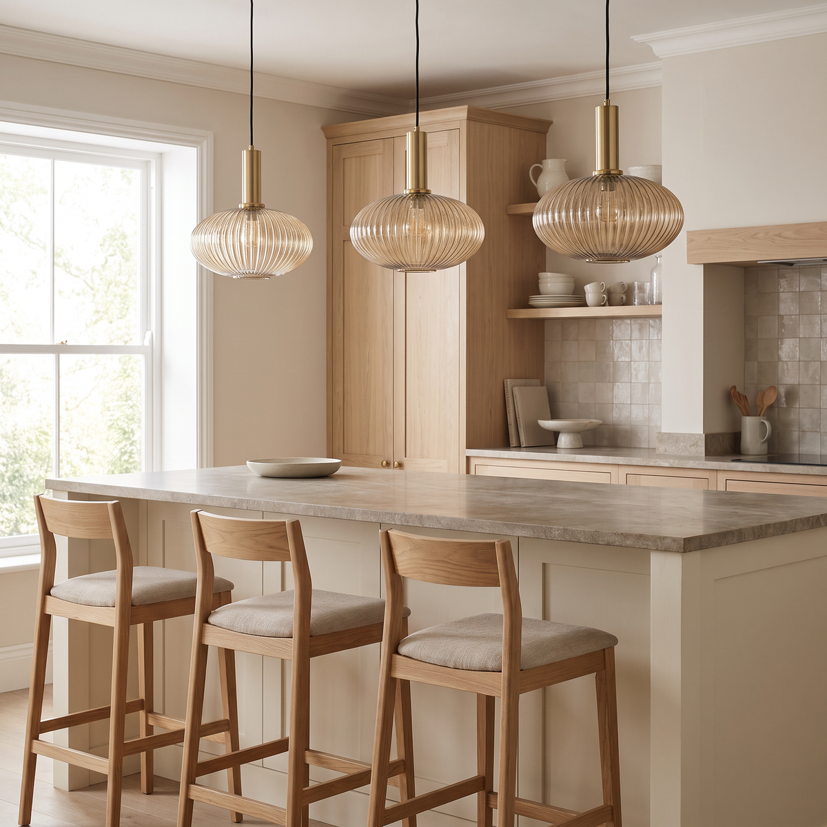 Three Linley pendants over a cream kitchen island