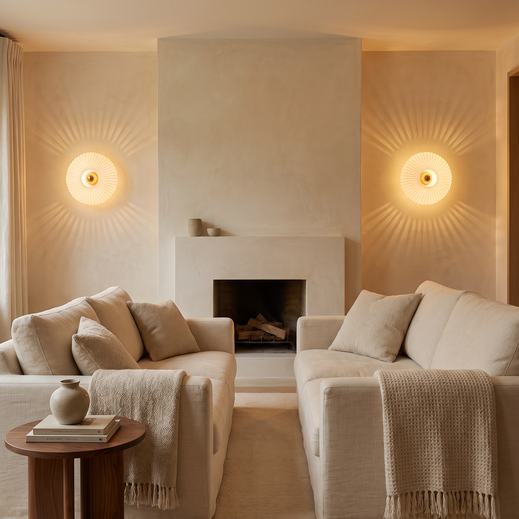 A pair of Ondine wall lights either side of a fireplace