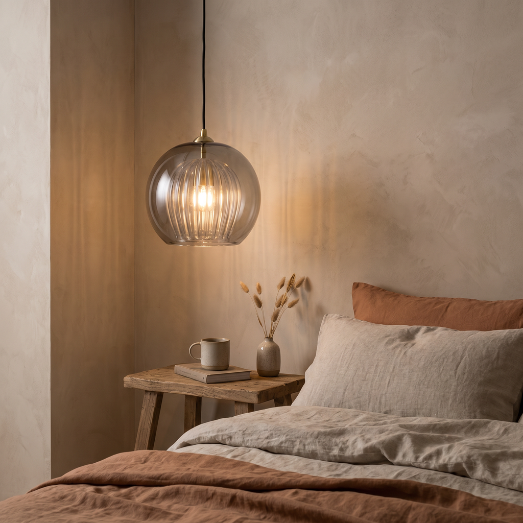 A Corran pendant hanging low beside a bed