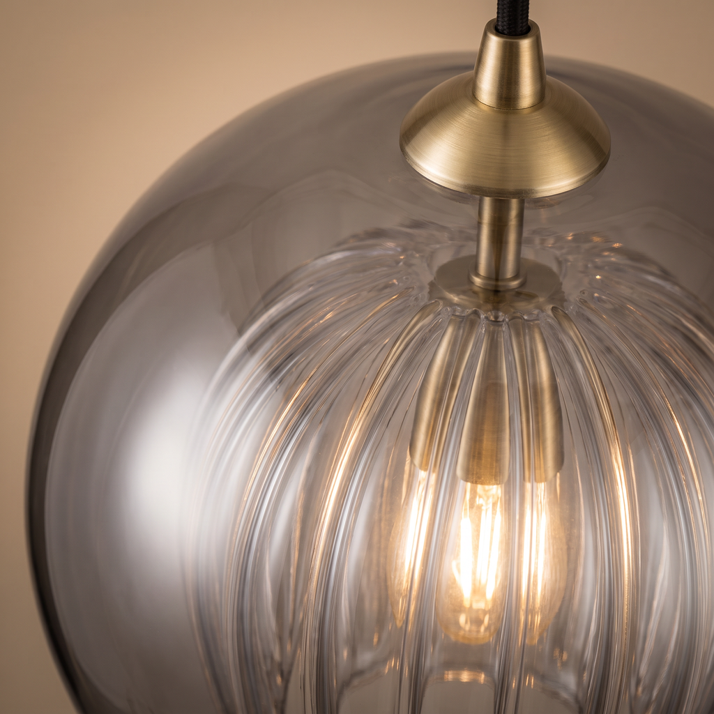 Close up of the smoked outer globe and ribbed inner shade