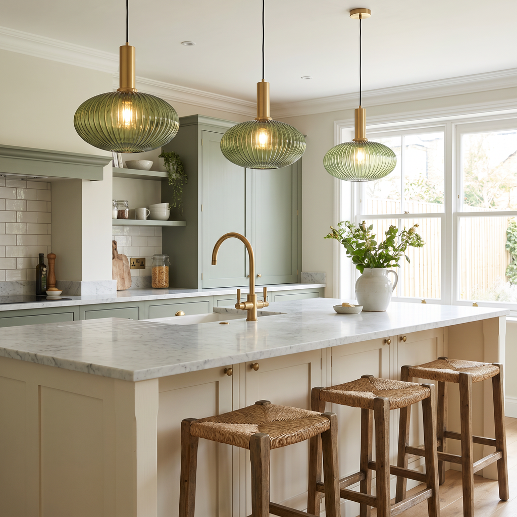 Three Fenwick pendants over a cream kitchen island