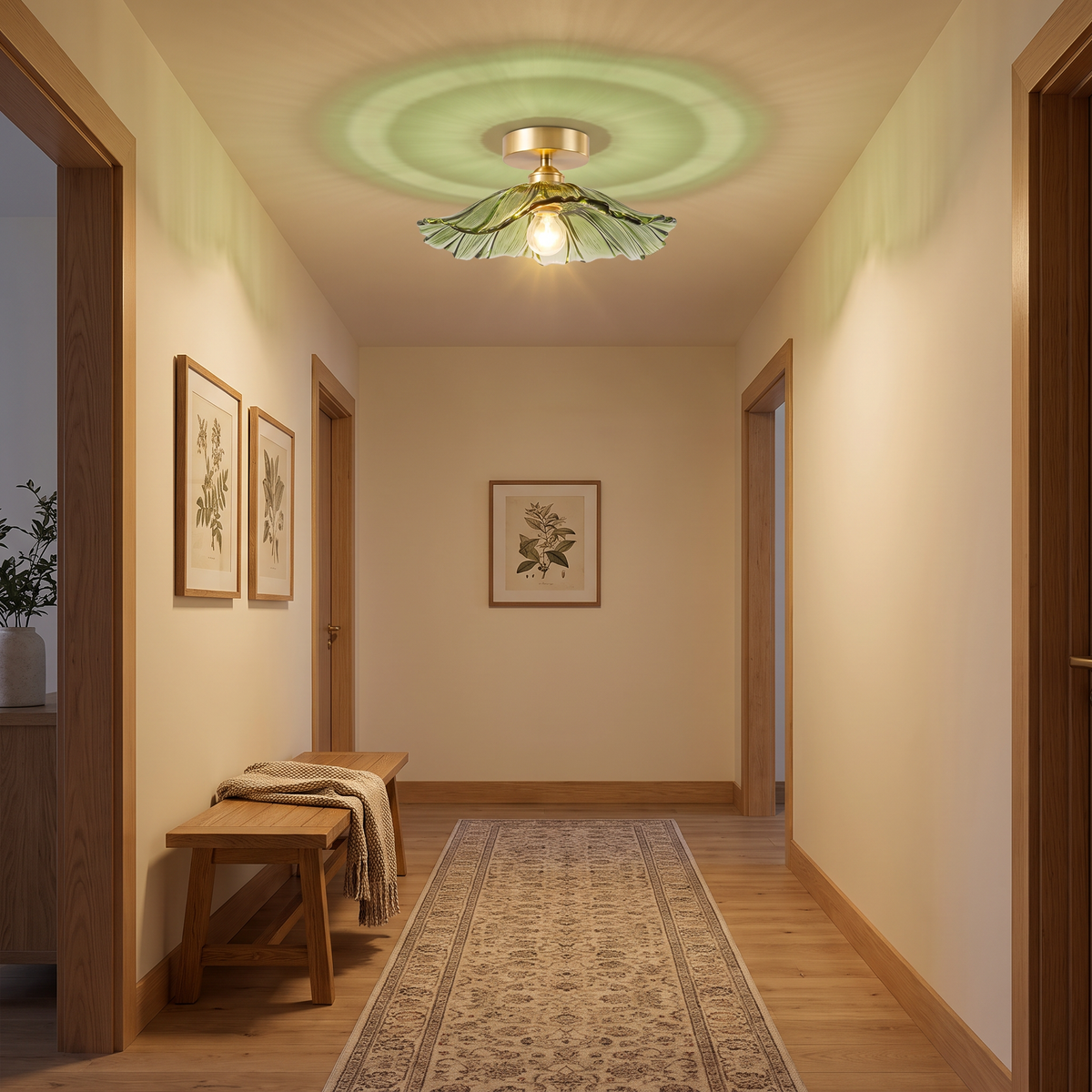 Larkin green petal ceiling light in a cream hallway