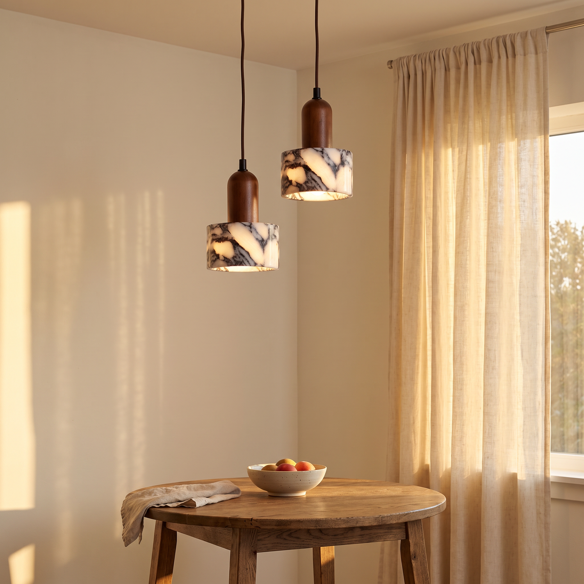Two Carrow marble pendants over a round oak breakfast table
