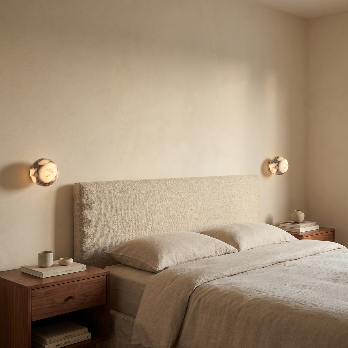 A pair of Ashby marble wall lights either side of a bed