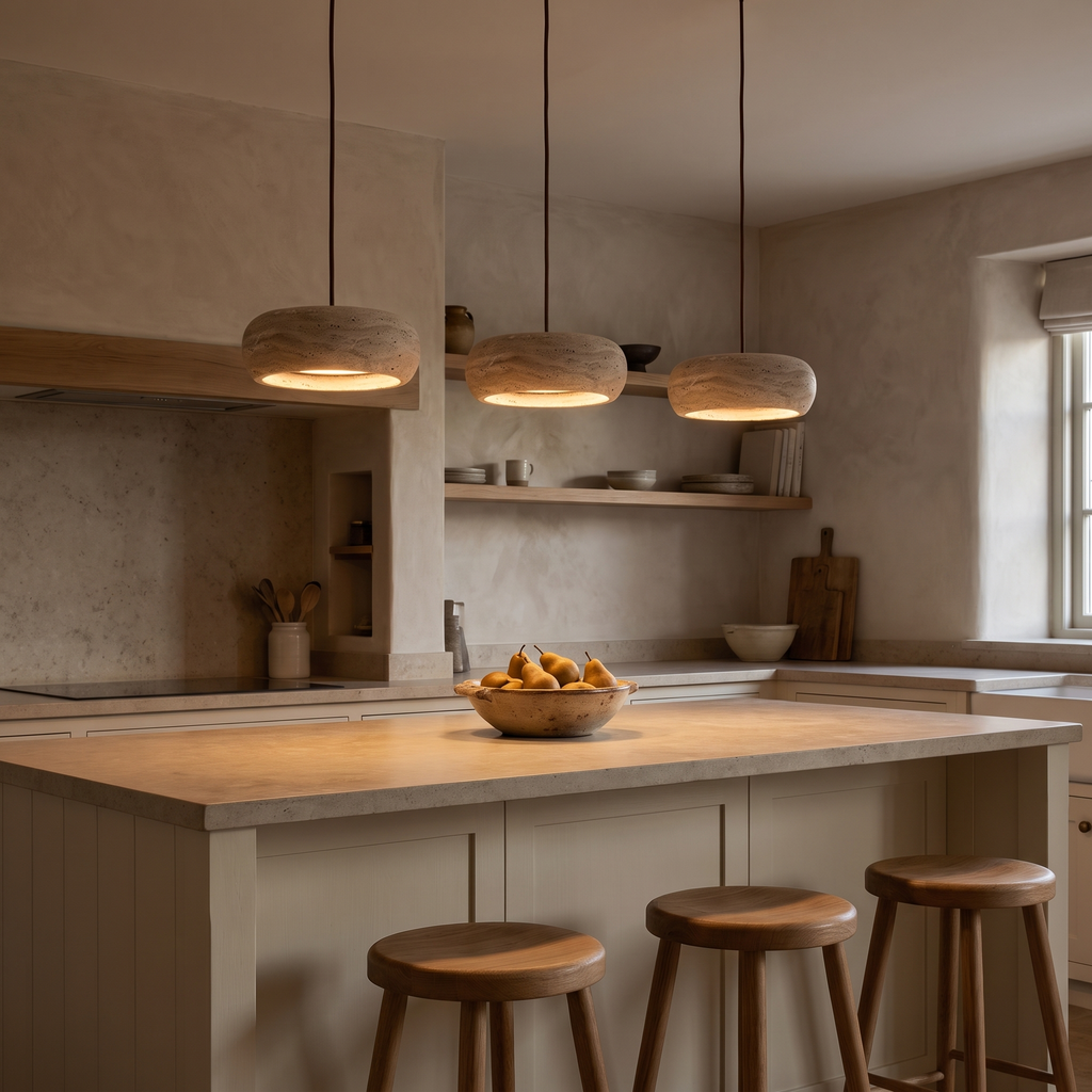 Aldridge travertine island light over a cream kitchen island
