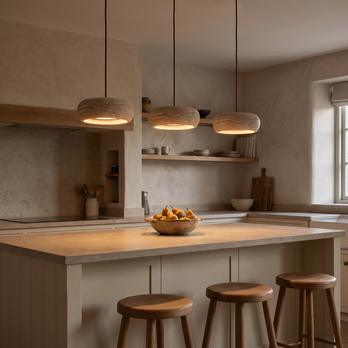 Aldridge travertine island light over a cream kitchen island