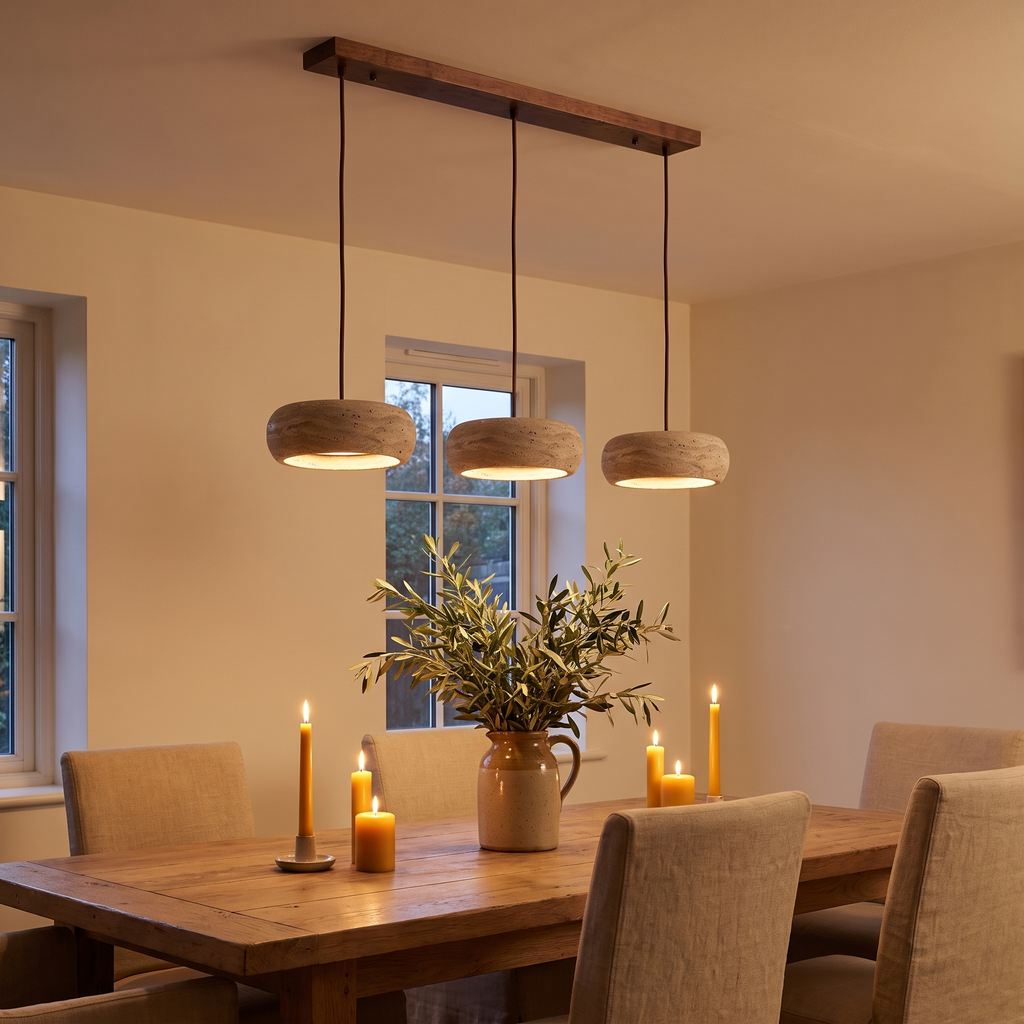 Aldridge travertine pendant over a long oak dining table