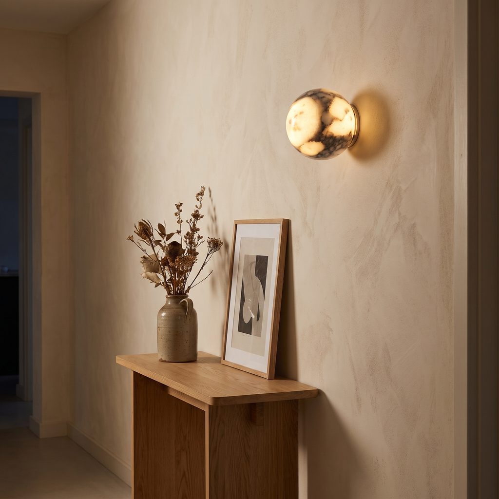 Ashby marble wall light in a cream hallway