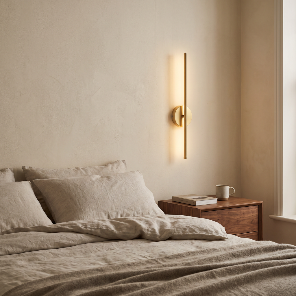 Strand linear wall light beside a bed