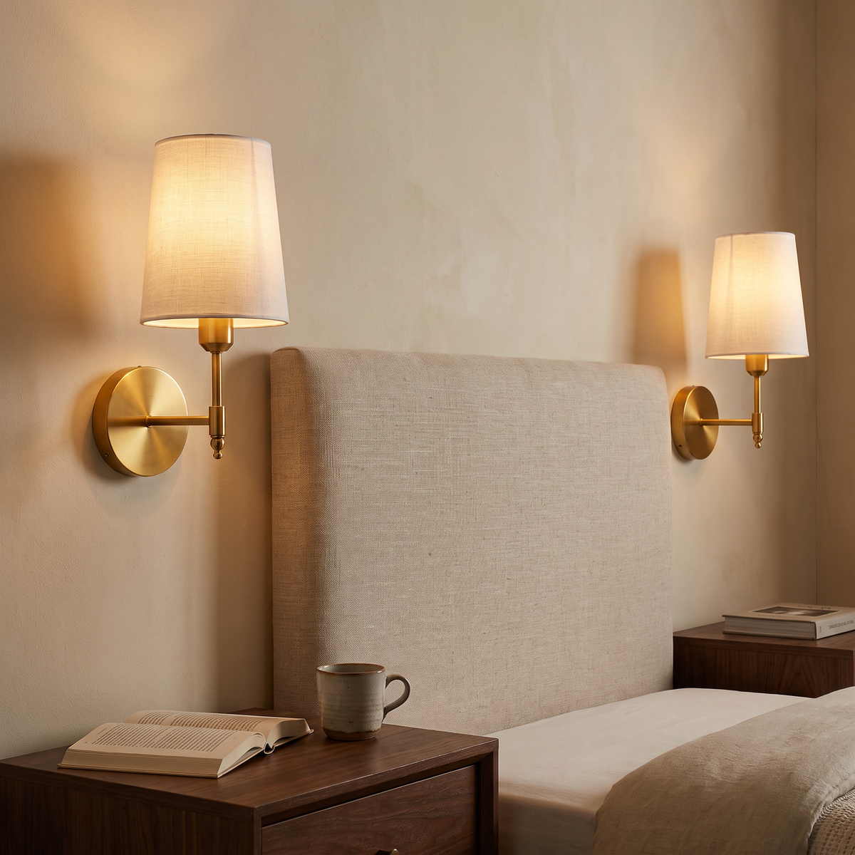 A pair of Hollis rechargeable wall lights either side of a bed