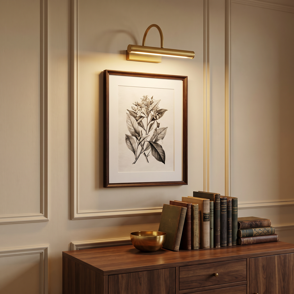 Pemberton picture light above a framed print over a sideboard