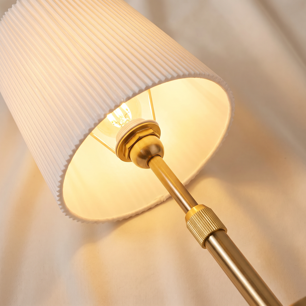 Close up of the pleated shade and filament bulb