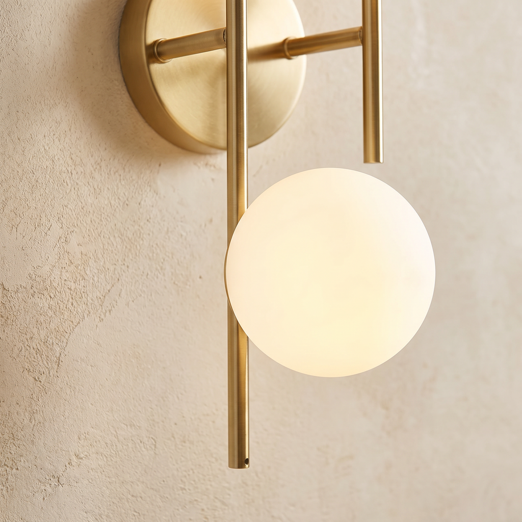 Close up of a frosted opal globe and the brushed gold rod